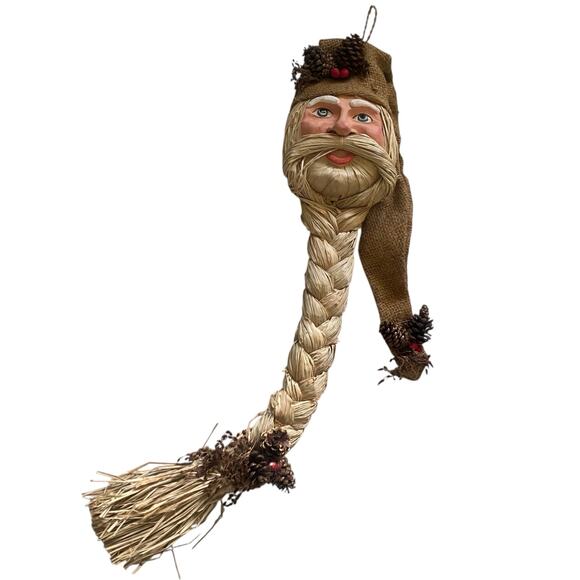 Vintage Wall Hanging Santa with Raffia and Burlap Braided Beard Holiday Decor - Picture 6 of 12